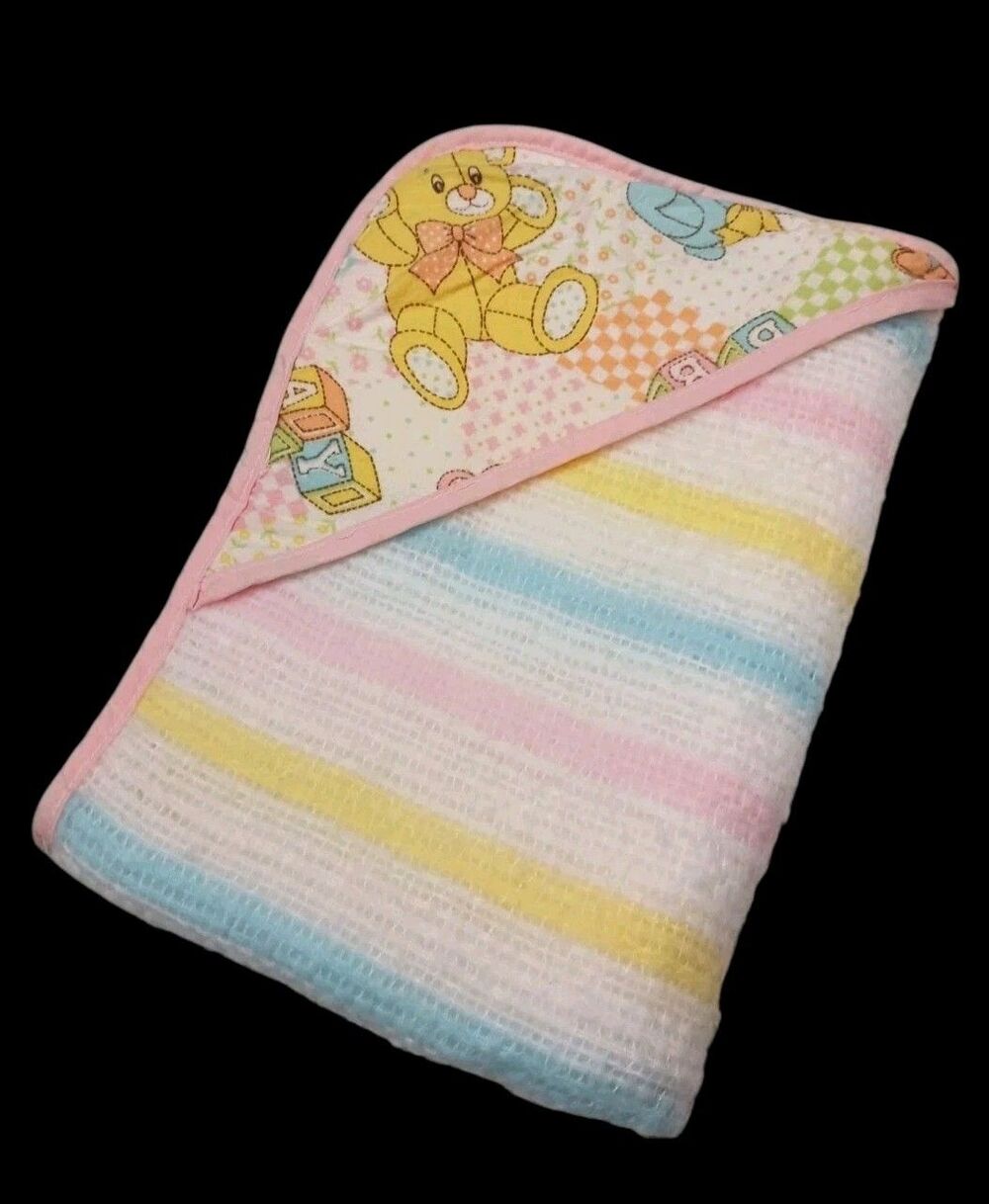 Vintage Beacon Baby Waffle Weave Blanket Pastel Stripe Knit w/ RARE Flannel Hood